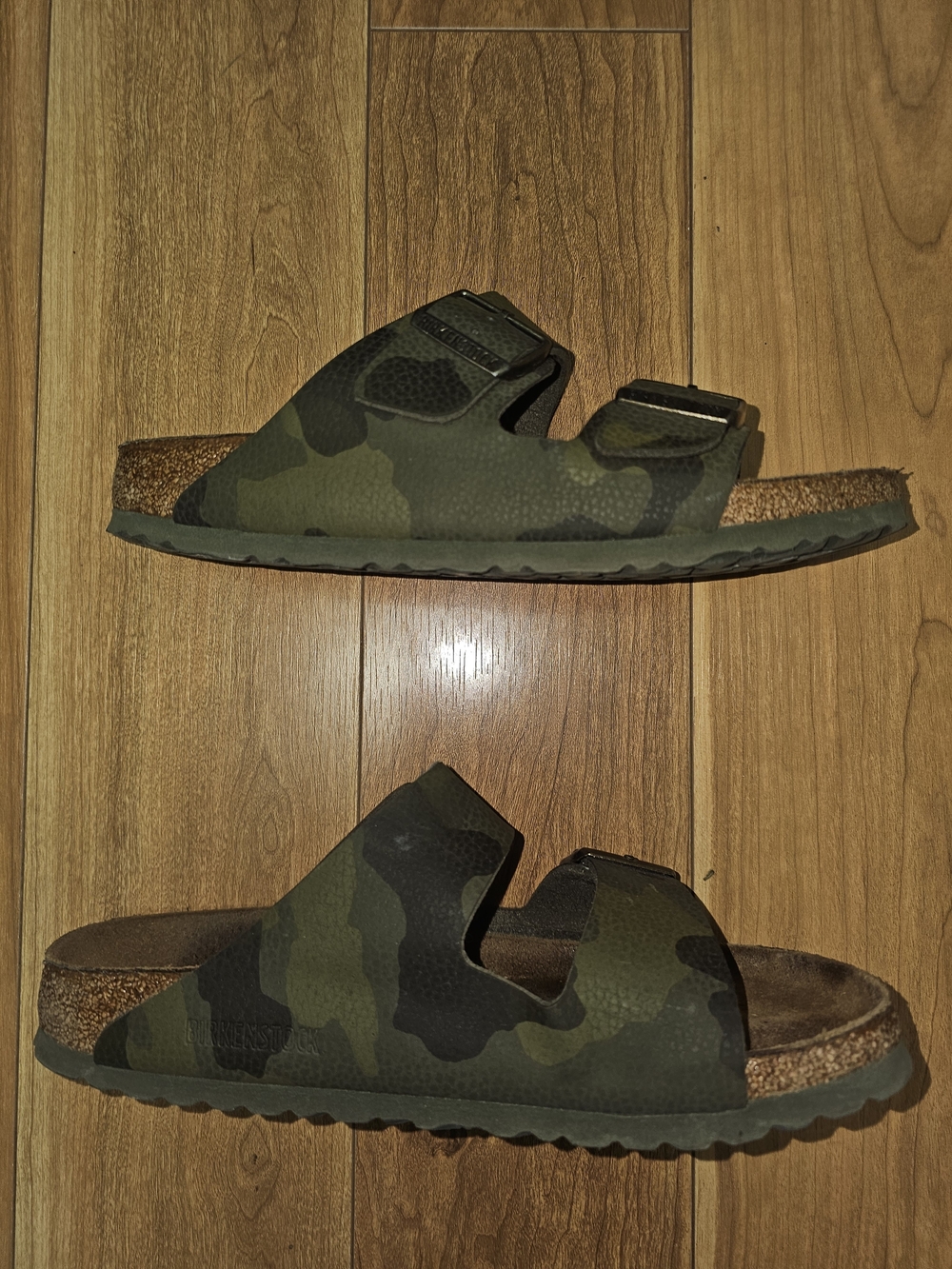 Birkenstock Arizona Two-Strap Camouflage Slide Sandals in Olive Green